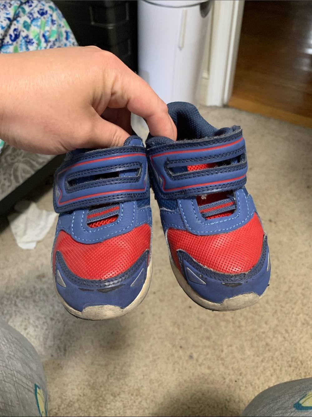 Red and blue well loved toddler boys sneakers with velcro closure. Size 8.